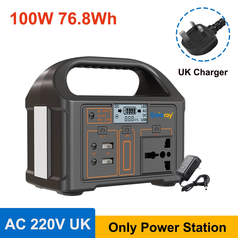 Gaiaray 100W Portable Power Station AC 220V 110V Solar Generator Outdoor Emergency Power Bank 76.8Wh LiFePO4 Battery For Camping