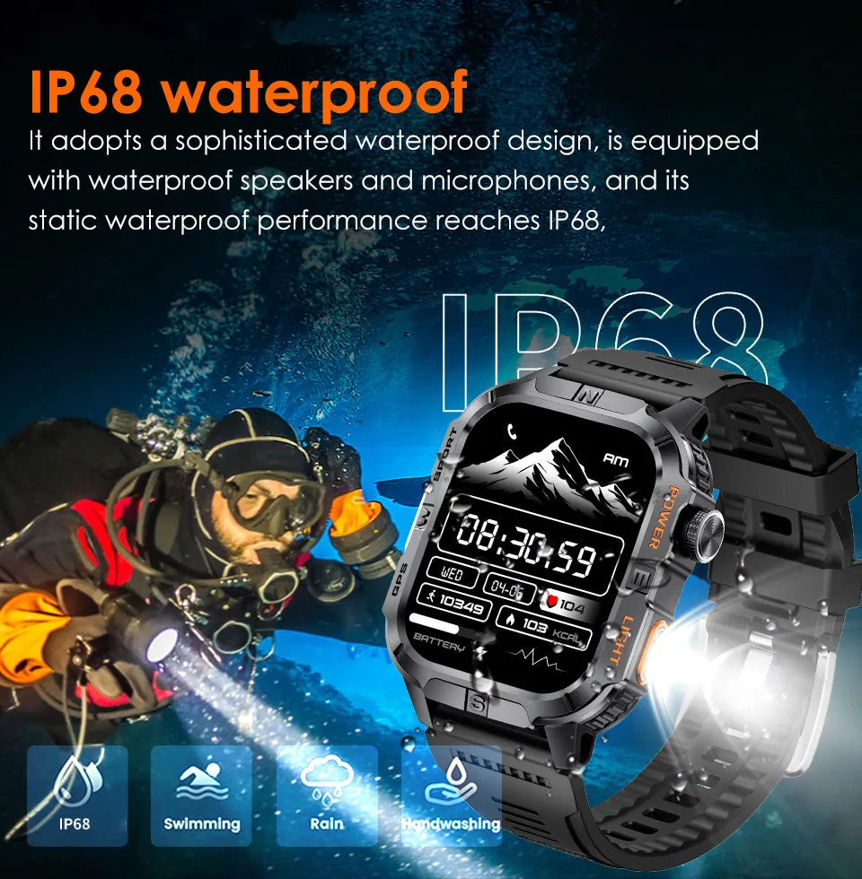 2026 New Outdoor Military Men's Smartwatch Is Equipped With GPS LED Lighting, A Compass, Wireless Communication, IP68 Waterproof