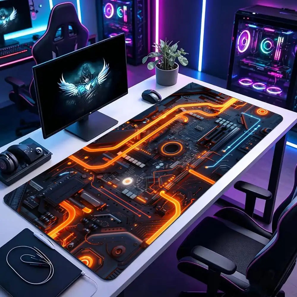 Large XXL Gaming Mouse Pad Desk Mat Keyboard Pad Orange Neon Circuit Board Cyberpunk Tech Pattern Print Laptop PC Gamer Office