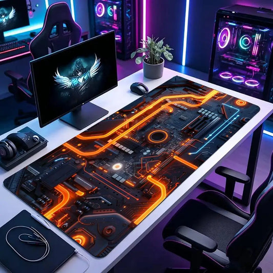 Large XXL Gaming Mouse Pad Desk Mat Keyboard Pad Orange Neon Circuit Board Cyberpunk Tech Pattern Print Laptop PC Gamer Office