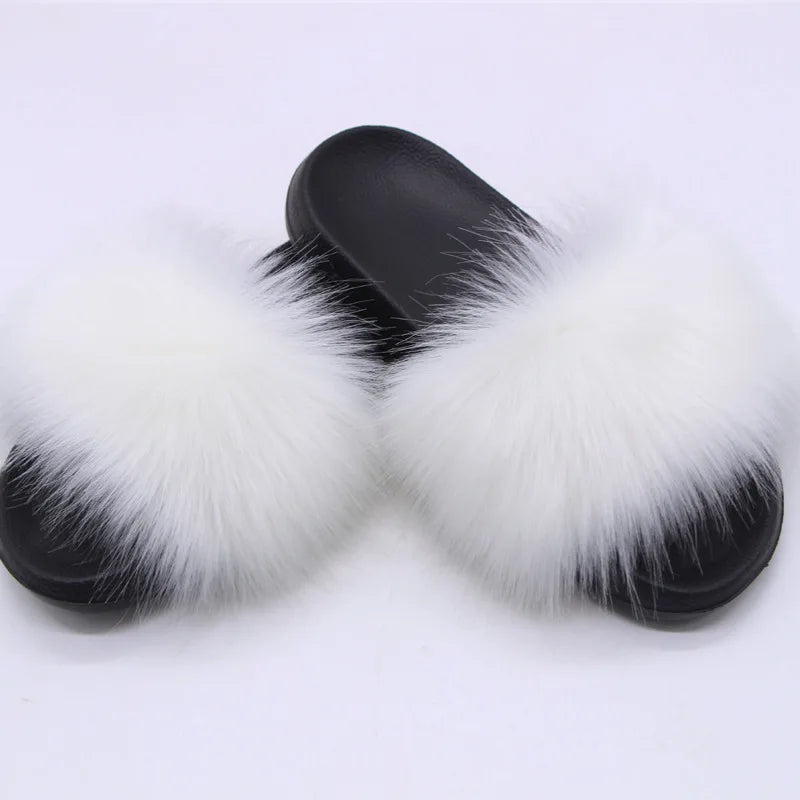 Women's  Faux Fox Fur Slides Fluffy Open Toe Slippers Indoor Outdoor Casual Flat Sandals Luxury Furry Slide Shoes for Ladies