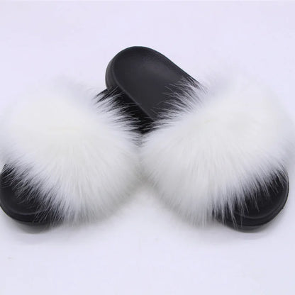 Women's  Faux Fox Fur Slides Fluffy Open Toe Slippers Indoor Outdoor Casual Flat Sandals Luxury Furry Slide Shoes for Ladies