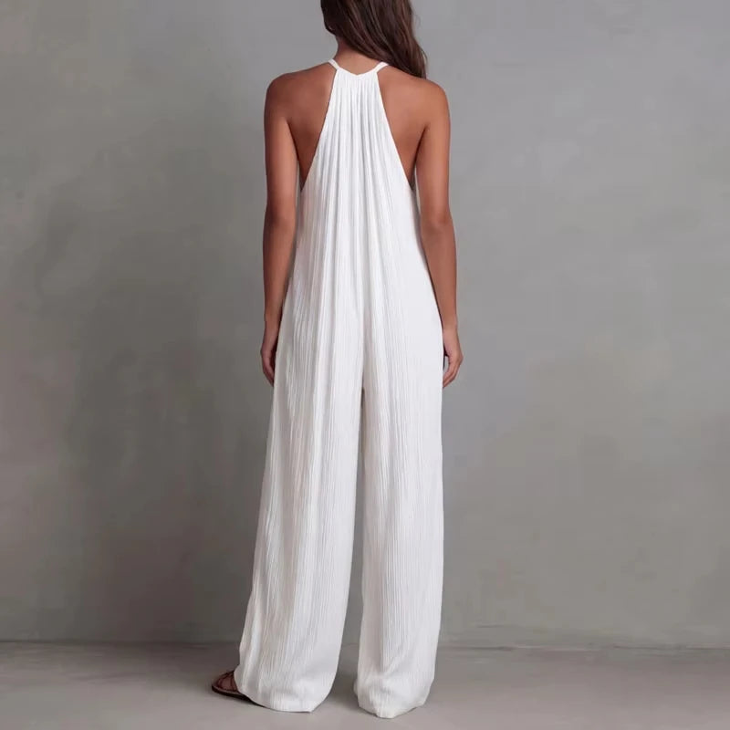Women's Halter Sleeveless Jumpsuit New Beach Vacation Textured Overalls with Pockets Wide Leg Romper Casual Spring Summer Outfit