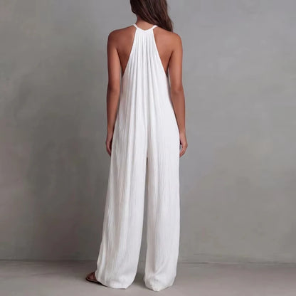 Women's Halter Sleeveless Jumpsuit New Beach Vacation Textured Overalls with Pockets Wide Leg Romper Casual Spring Summer Outfit
