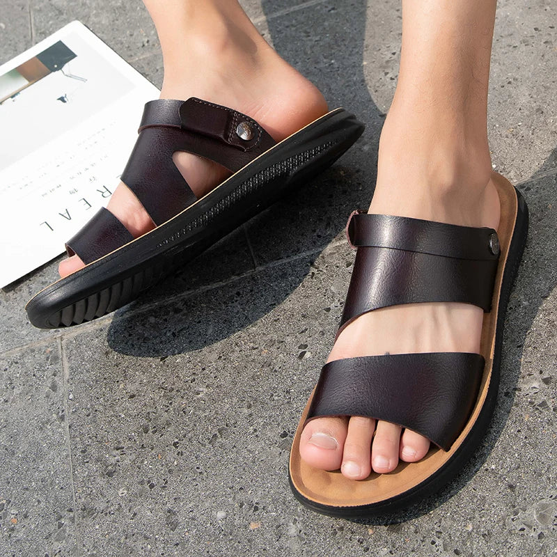 Male Luxury Sandals Male Leather Classic Men Slippers Beach Shoes Comfortable Walking Roman Sandals Outdoor Mens Slip on Shoes