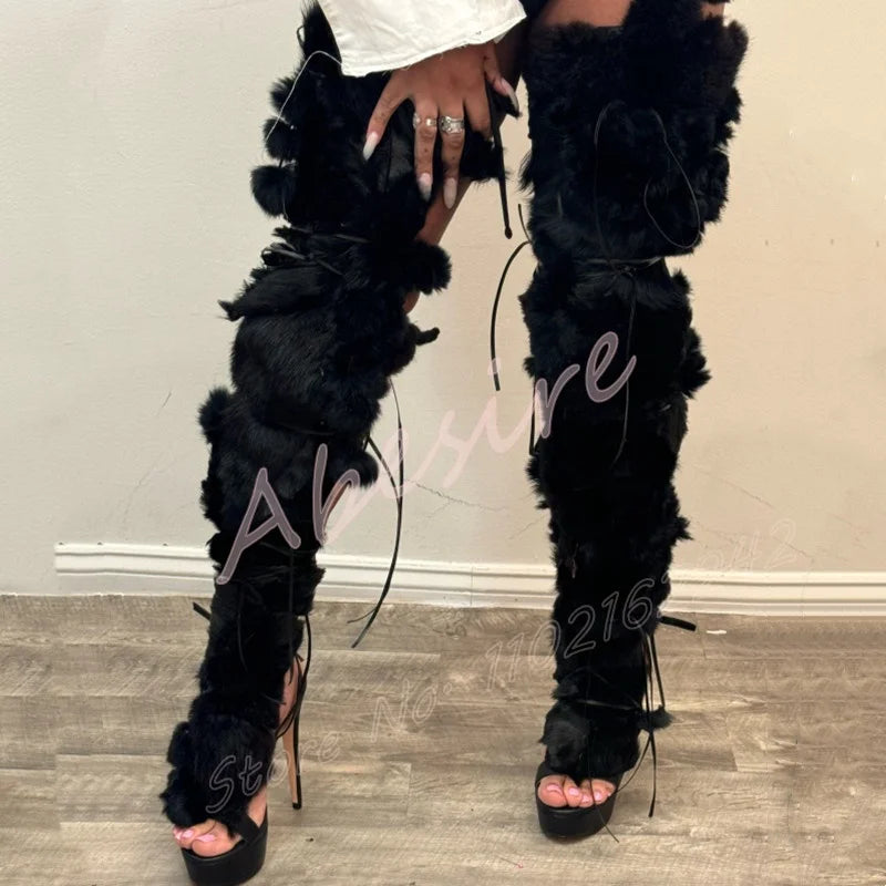Black Faux Fur Lace Up Long Platform Shoes Round Toe Stiletto Cross Strap Sandals Women'S Sexy Nightclub Party Furry High Heels