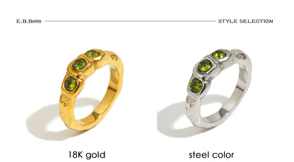 E.B.belle New Vintage Style Three Green Zircon Ring PVD Plated 316L Stainless Steel Simple Women Statement Finger Chic Jewelry