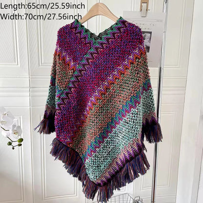 Fashion Striped Tassel Poncho Knitting Cotton Shawl For Woman Ethnic Scarf Ladies Autumn Keep Warm Travel Shawls 65*70cm