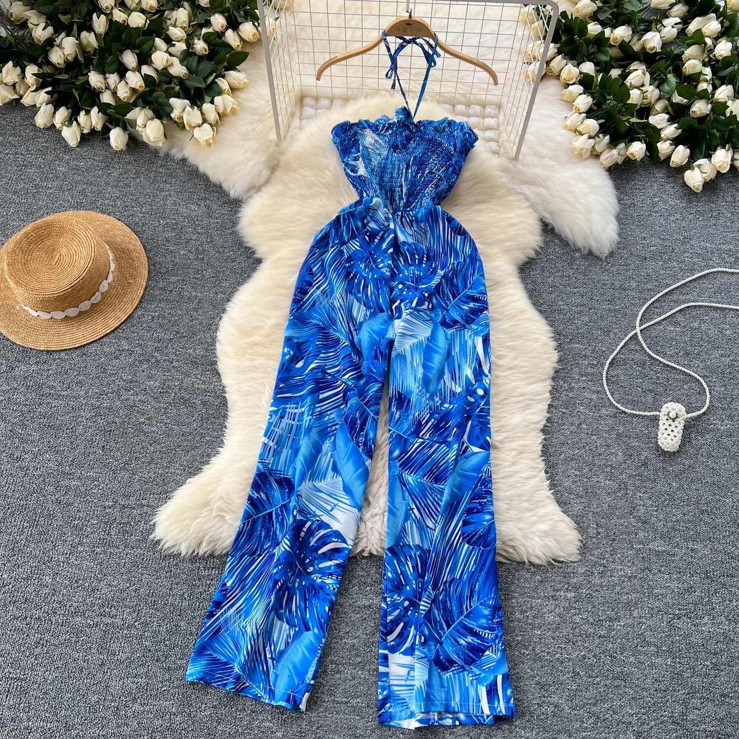 2024 New Summer Sexy Bohemian Leaf Print Jumpsuits Women Sleeveless Sexy Long Jumpsuit Mujer Casual Holiday Beach Rompers