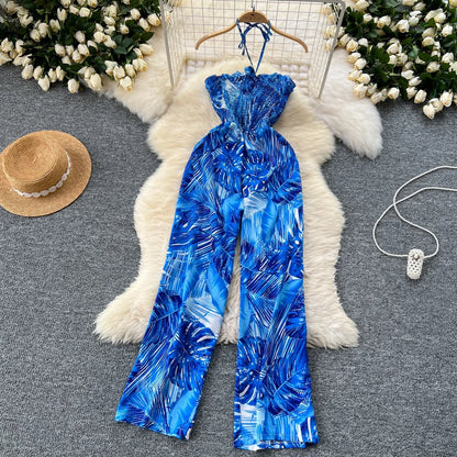 2024 New Summer Sexy Bohemian Leaf Print Jumpsuits Women Sleeveless Sexy Long Jumpsuit Mujer Casual Holiday Beach Rompers