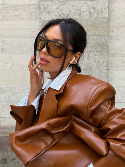 Women Brown Croc Embossed Faux Leather Maxi Trench Coat Lapel Single Breasted Straight Long Front Pockets Vintage Autumn Winter