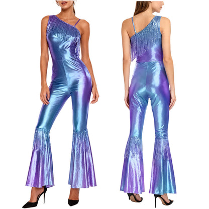 Women Shiny Metallic Jazz Disco Dance Jumpsuit 70s 80s Hippie Costume Sequin Tassels One Shoulder Bell Bottom Bodysuit Rompers