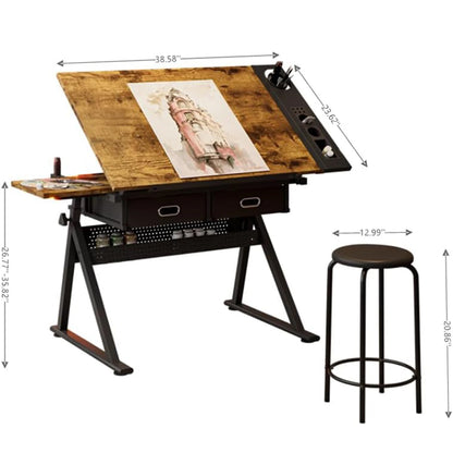 Height Adjustable Drafting Table with Stool, 0-75° Tilting Drawing Desk Artist Desk with 2 Storage Drawers, Watercolor Art Workstation for Home Office Drawing, Painting, Crafting, Writing, Sketching