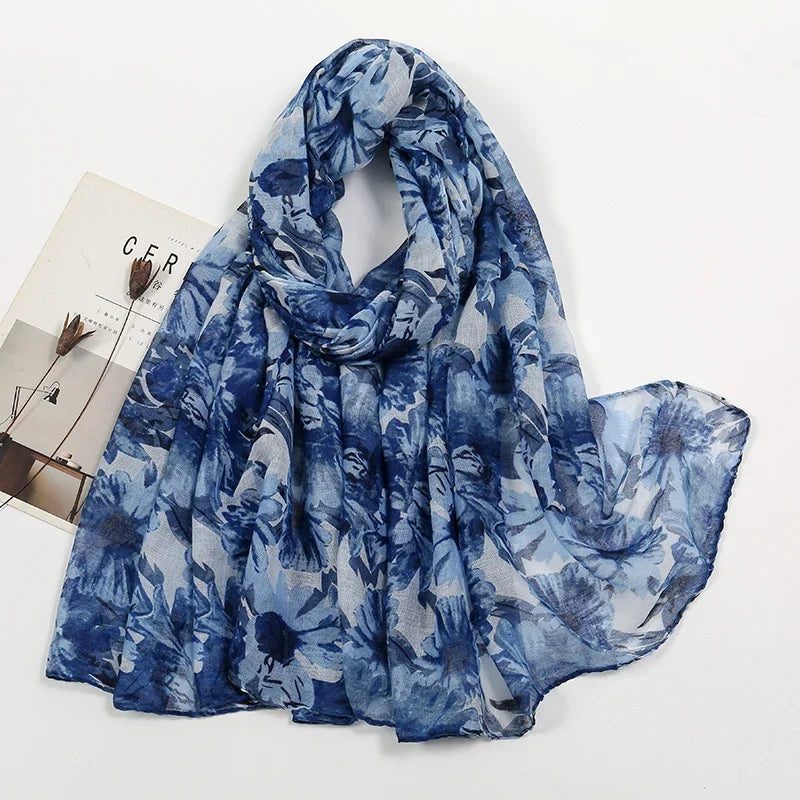 Muslim Women Cotton Viscose Scarf Ombre Floral Voile Beach Hijab Shawls and Wraps Female Foulard Echarpe Designer Long Scarves