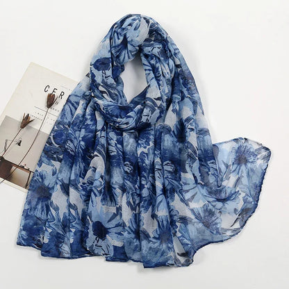 Muslim Women Cotton Viscose Scarf Ombre Floral Voile Beach Hijab Shawls and Wraps Female Foulard Echarpe Designer Long Scarves