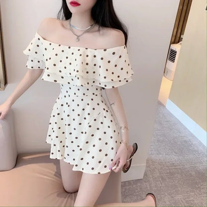 2025 Summer New Women Korean Off-shoulder Short Jumpsuit Female Chiffon Polka-dot Playsuits Ladies Short Sleeve Thin Rompers P73