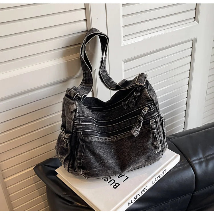 Vintage Denim Women's Shoulder Bag Large Capacity Messenger Bag Multi-pockets Satchel Bags Adjustable Strap Ladies Crossbody Bag