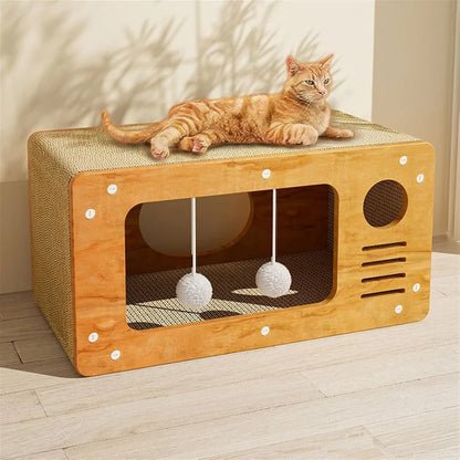 2-in-1 Cat Scratcher &   Cozy Bed - Durable Cardboard Lounge Bed with Hanging Toys