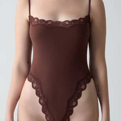 New Women's Sexy Square Neck Lace Panel Bodysuit Sleeveless Spaghetti Strap Jumpsuit Solid Color Slim Bodycon Rompers Tank Tops