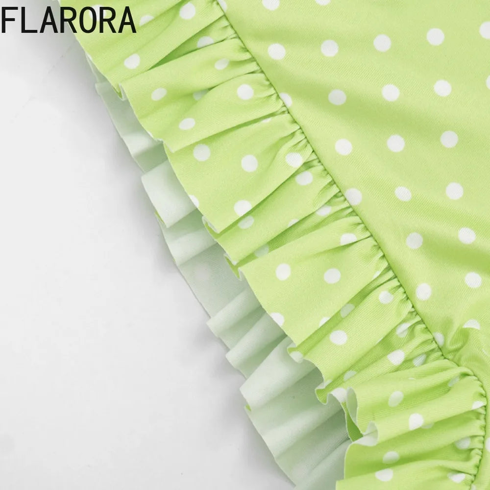 FLARORA Hottie Polka Dot Print Rompers Woman Sexy Halter V Neck Bandage Backless Skinny Ruched Playsuits Sweet Trend Streetwear