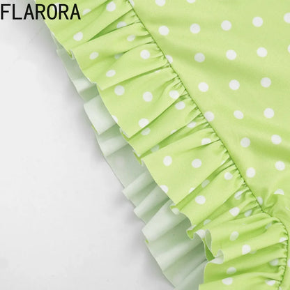 FLARORA Hottie Polka Dot Print Rompers Woman Sexy Halter V Neck Bandage Backless Skinny Ruched Playsuits Sweet Trend Streetwear