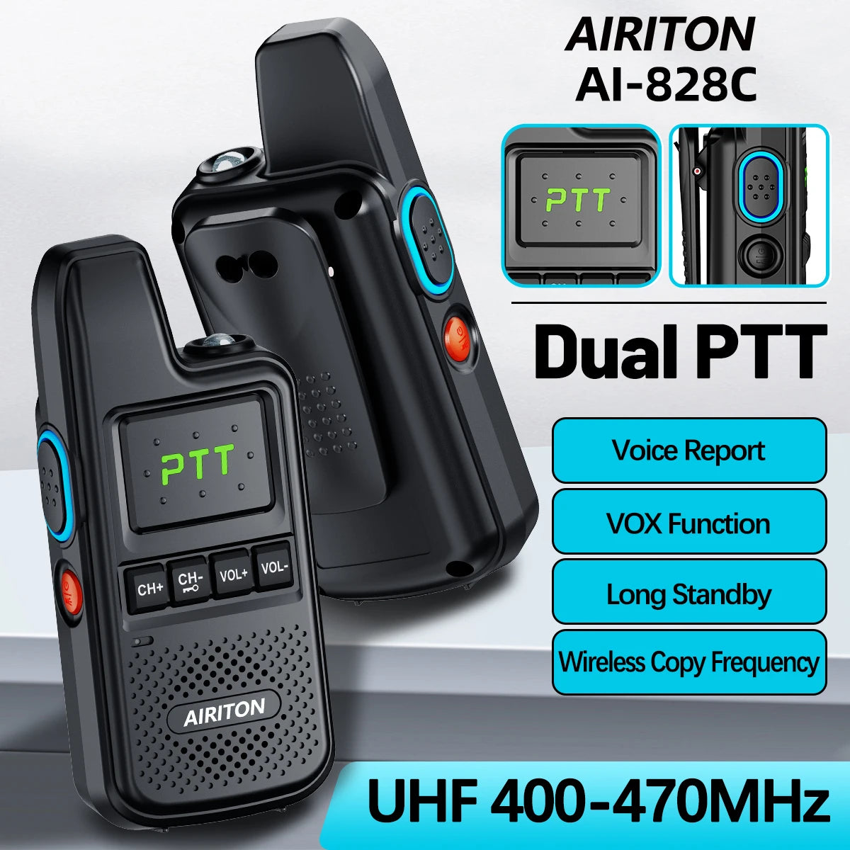 2PCS AIRITON AI-828C Mini Walkie Talkie Dual PTT Wireless Copy Frequency HD Sound Portable UHF 16 Channels Long Range Ham Radio