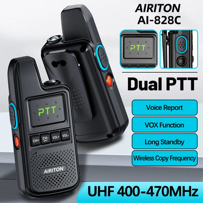 2PCS AIRITON AI-828C Mini Walkie Talkie Dual PTT Wireless Copy Frequency HD Sound Portable UHF 16 Channels Long Range Ham Radio