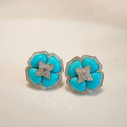 Luxury and fashionable turquoise earings stud with silver inlaid blue flower earrings for women classic wedding jewelry gift