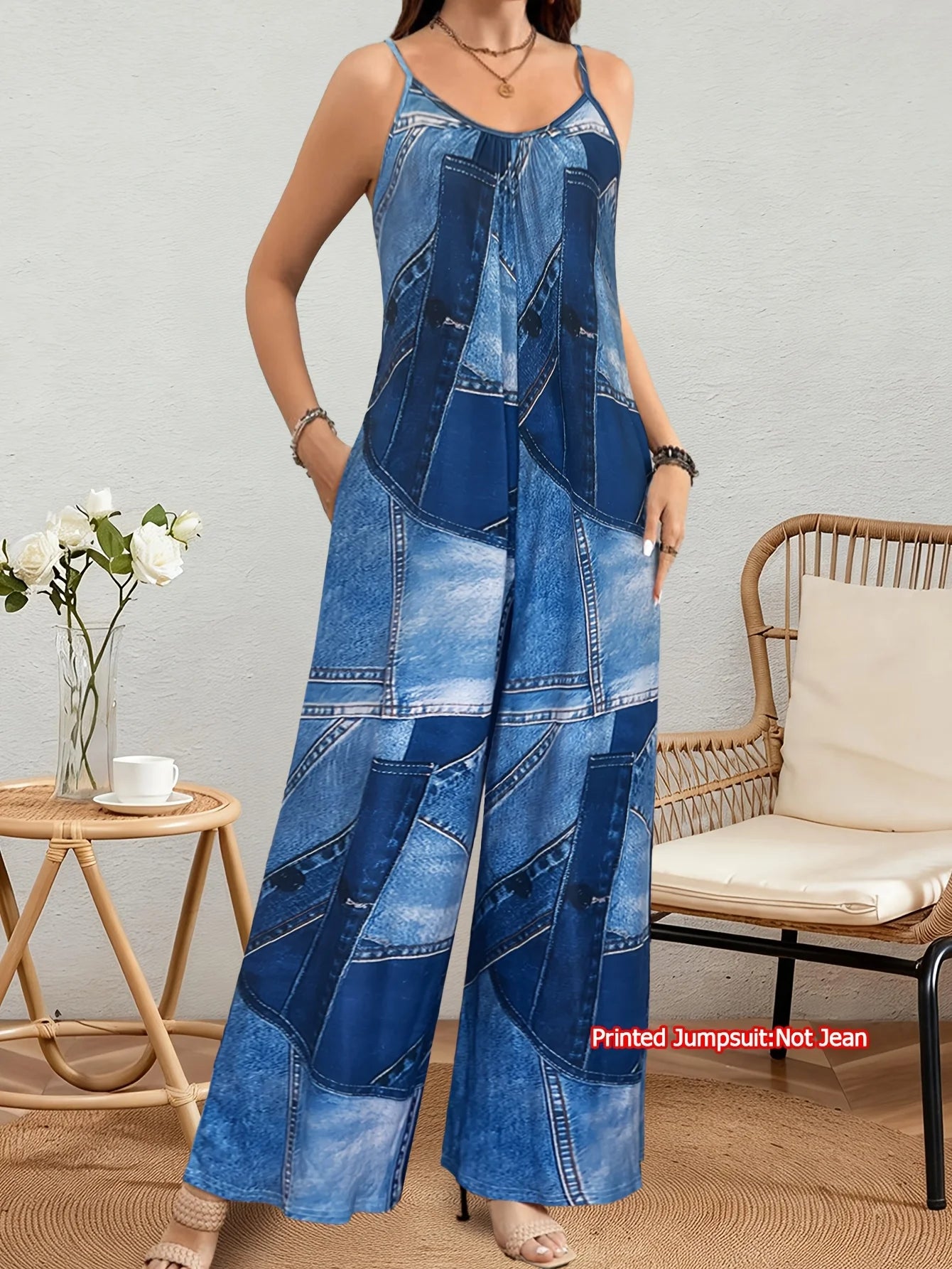 Women's Denim Print Spaghetti Strap Jumpsuit Summer Casual Sleeveless V Neck Wide Leg Pants With Pocket
