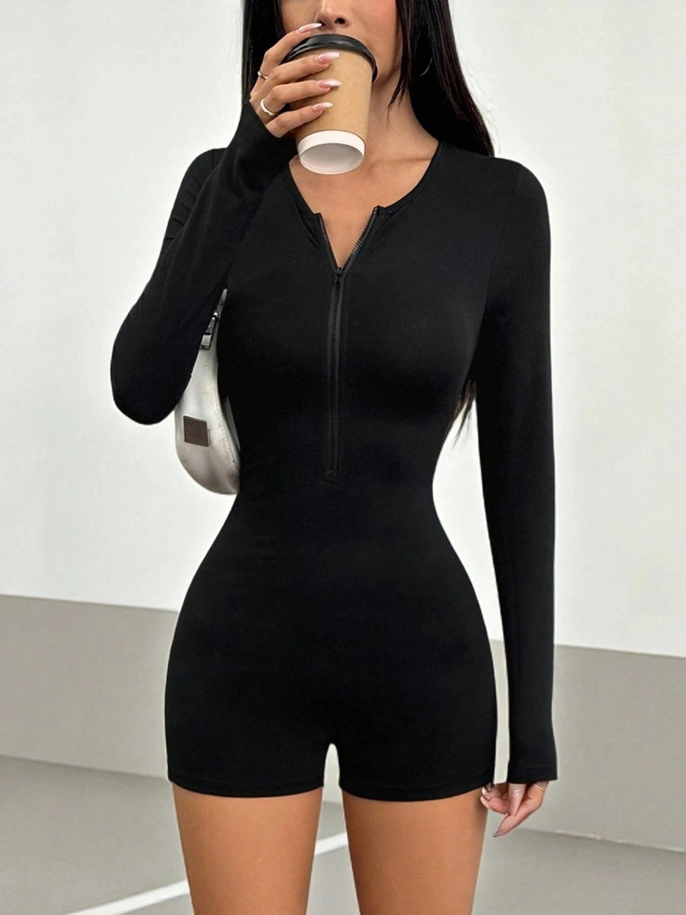 Spicy Style Black Zippered Jumpsuit Shorts - Stretchy Slim Fit + Long Sleeves, Skin-Friendly, Versatile and Timeless for Daily C