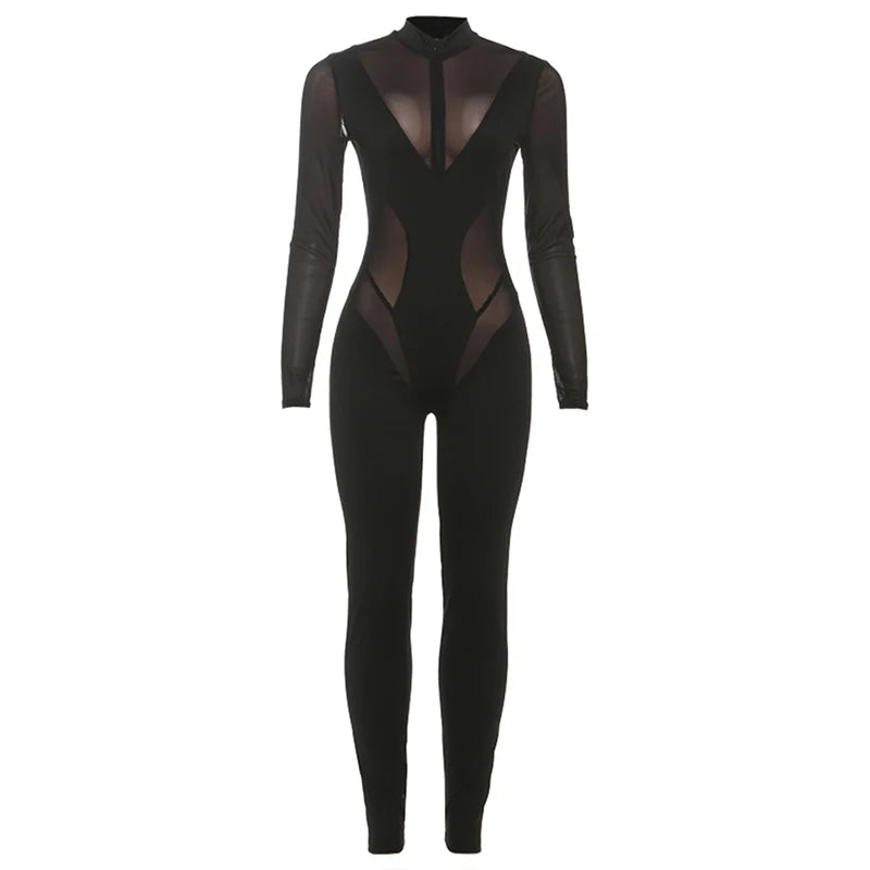 Sisterlinda Patchwork Jumpsuits Women High Neck Zipper Long Sleeve See Through Stretch Skinny  Midnight Coquett Party Clubwear