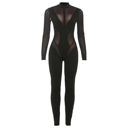 Sisterlinda Patchwork Jumpsuits Women High Neck Zipper Long Sleeve See Through Stretch Skinny  Midnight Coquett Party Clubwear