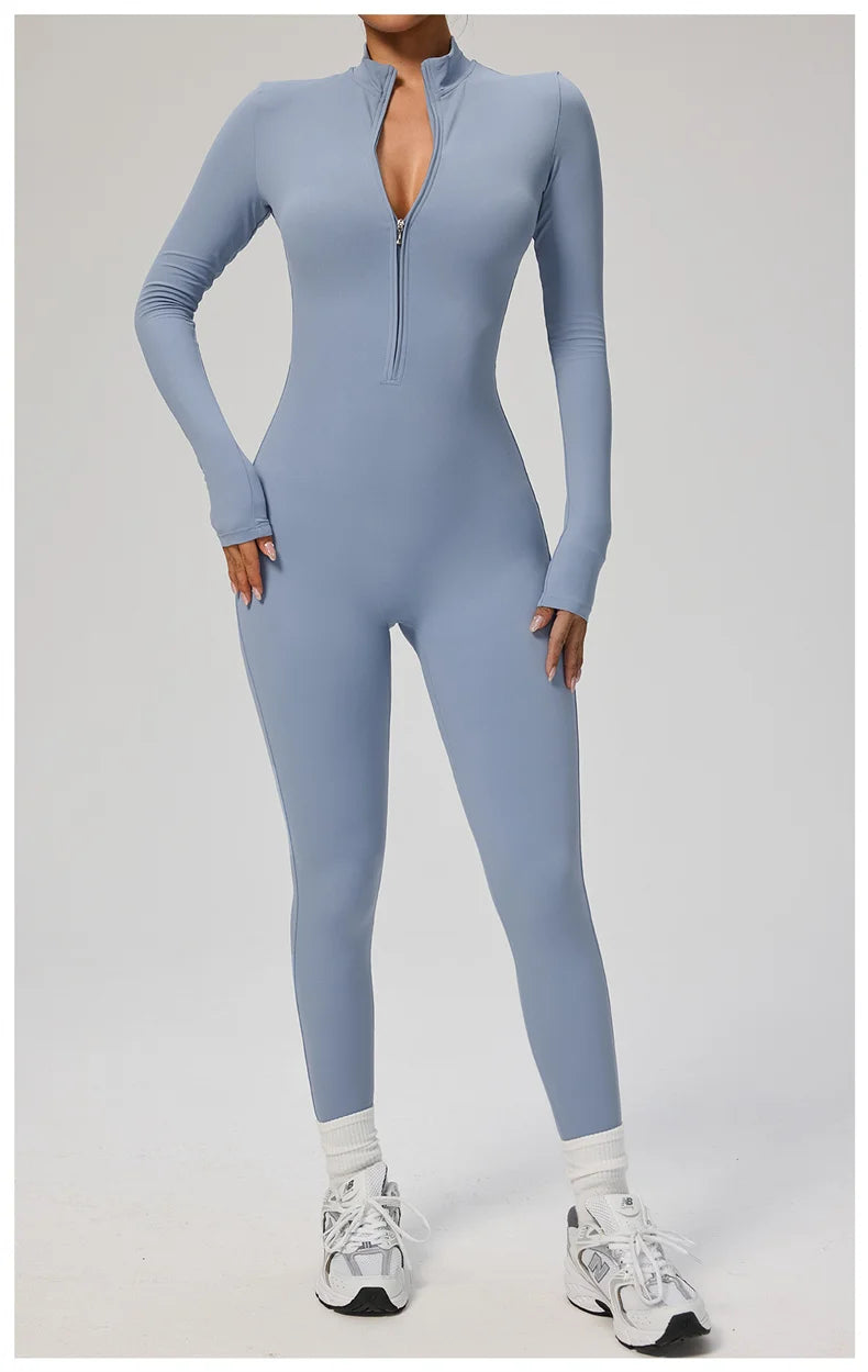 TRY TO BN Women's Jumpsuit Long Sleeve Zipper Shapewear Bodysuit Yoga Fitness One Piece Tights Gym Clothing Mono Deportivo Mujer