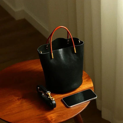 Luxury Leather Green Bucket Bag Retro Metal Handle Large Capacity Tote Bag Fashionable Casual Solid Color Shoulder Bag