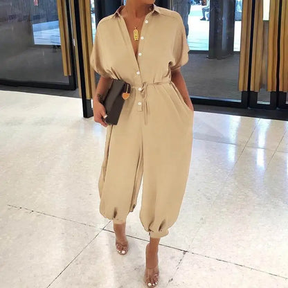 2025 Summer New Dot Leopard Print Jumpsuit Women Short Sleeve Leace-up Pocket Casual Jumpsuits Fashion Vintage Ladies Bodysuits