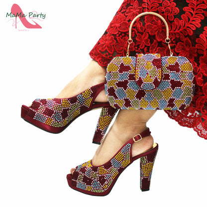 2024 Special Design Wine Color High Quality Square Heels Sandal Italian New Shoes and Bag Set for Wedding