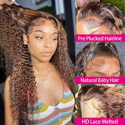30 Inch 250 Density Highlight Honey Brown Curly Lace Front Human Hair Wigs 13x6 13x4 Ombre Colored Deep Wave Lace Frontal Wig