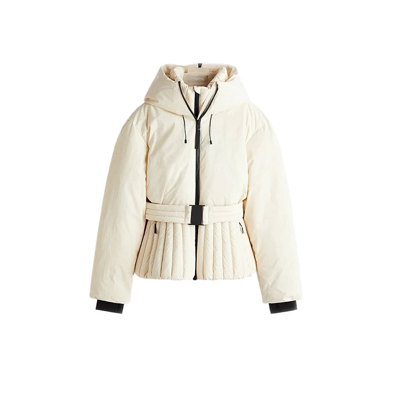 Women's Chic White Hooded Ski Jumpsuit with Waist Belt Warm Snowproof One-Piece Snow Wear Winter Sports Fashion Lady Snowsuit