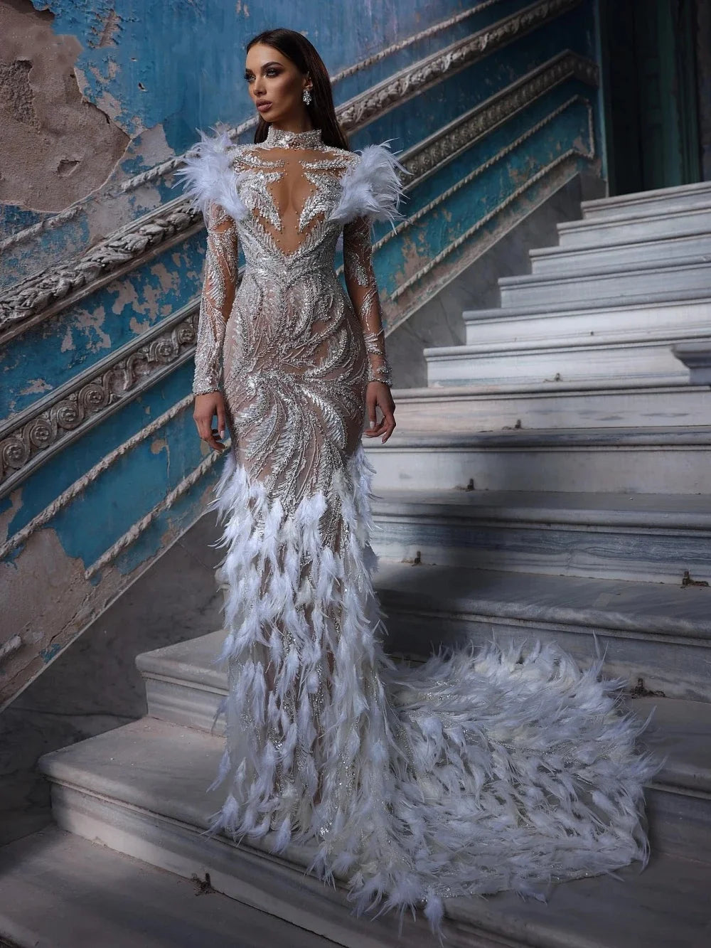 Exquisite Beading Pearls Wedding Dresses Feather High Neck Bridal Gowns See Through Mermaid Customized Bride Vestidos De Novia