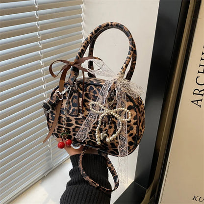 Vintage Leopard Pu Shoulder Bags for Women Portable Trendy Ladies Crossbody Bag Lace Pearl Pendant Female Bowling Handbags