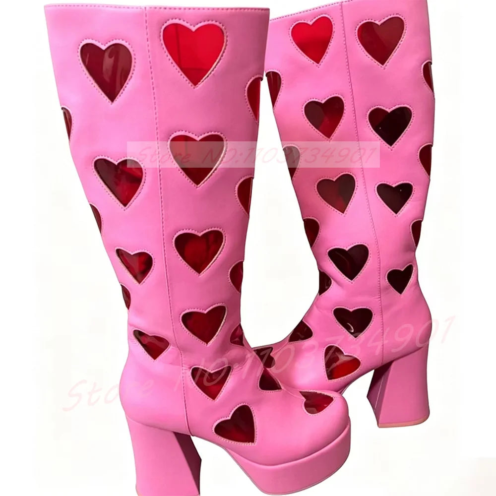 Cutout Heart Window Platform Knee High Boots Women Pink PVC Hollow Round Toe Block Heels Shoes Lady Y2K Street Fashion Boots