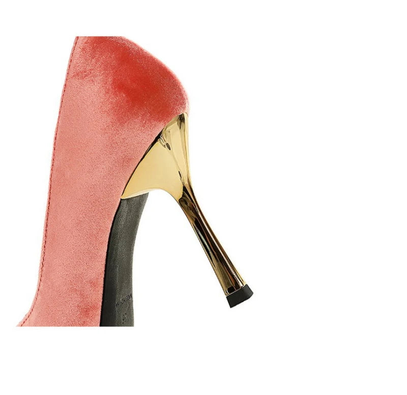 Women Peach Pink Velvet Metal Capped Pointed Toe Pumps Gold Trapezoid Thin High Heels Gentle Retro Luxury Date Banquet Ladies