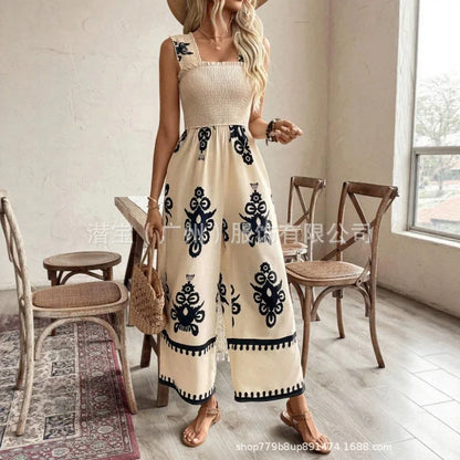 Jumpsuit Jumpsuits Print Smocked Waist Wide Strap Spring Summer Playsuit Overall