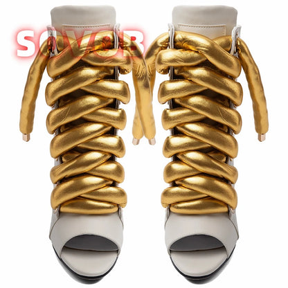 Luxury Puffy Lace Up Ankle Booties for Women,Stiletto Heels Open Toe Short Boot, Trendy Punk Style Party Shoes,Designer Booties