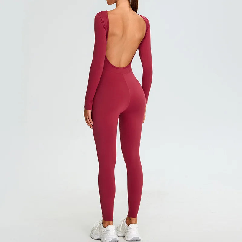 New Summer Sexy V Back Gym Sports Jumpsuit Yoga Clothes Rompers Women Long Sleeveles Workout Bodysuits Backless One-piece Suit