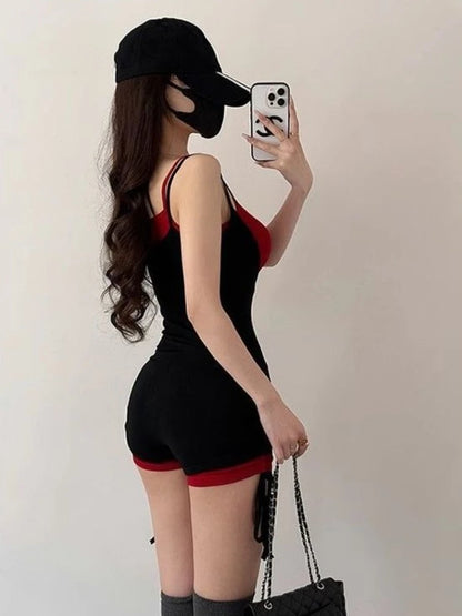 American Style Street Hot Girl Sexy Suspender Jumpsuit Shorts Color Blocked Fake Two-piece Design Sense Fitness Yoga Jumpsuit
