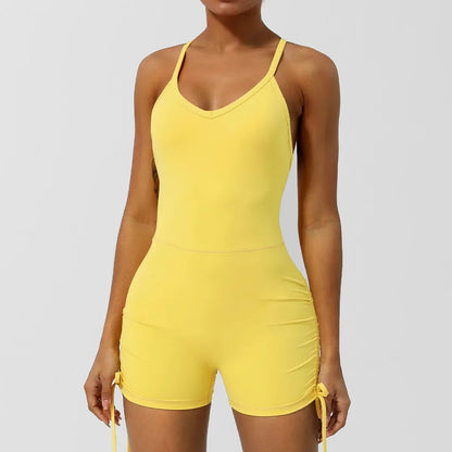 Sexy V Back Scrunch Sports Jumpsuit Women Yoga Rompers Hollow Out Cross Backless Slim Fit Drawstring Side Tight One-Piece Suit