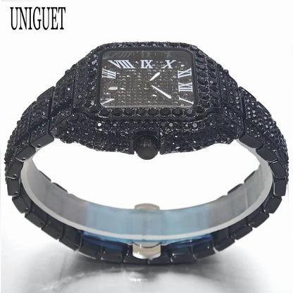 Cool Black Iced Watch For Man Fashion Brand UNIGUET Hip Hop Diamond Bling Bling Jewelry Square Wrist Watch Mens Dropshipping