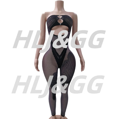 HLJ&GG Sexy Off Shoulder Hollow Out Bodycon One Piece Jumpsuits Women Sleeveless Backless Slim Playsuit Fashion Stretchy Overall