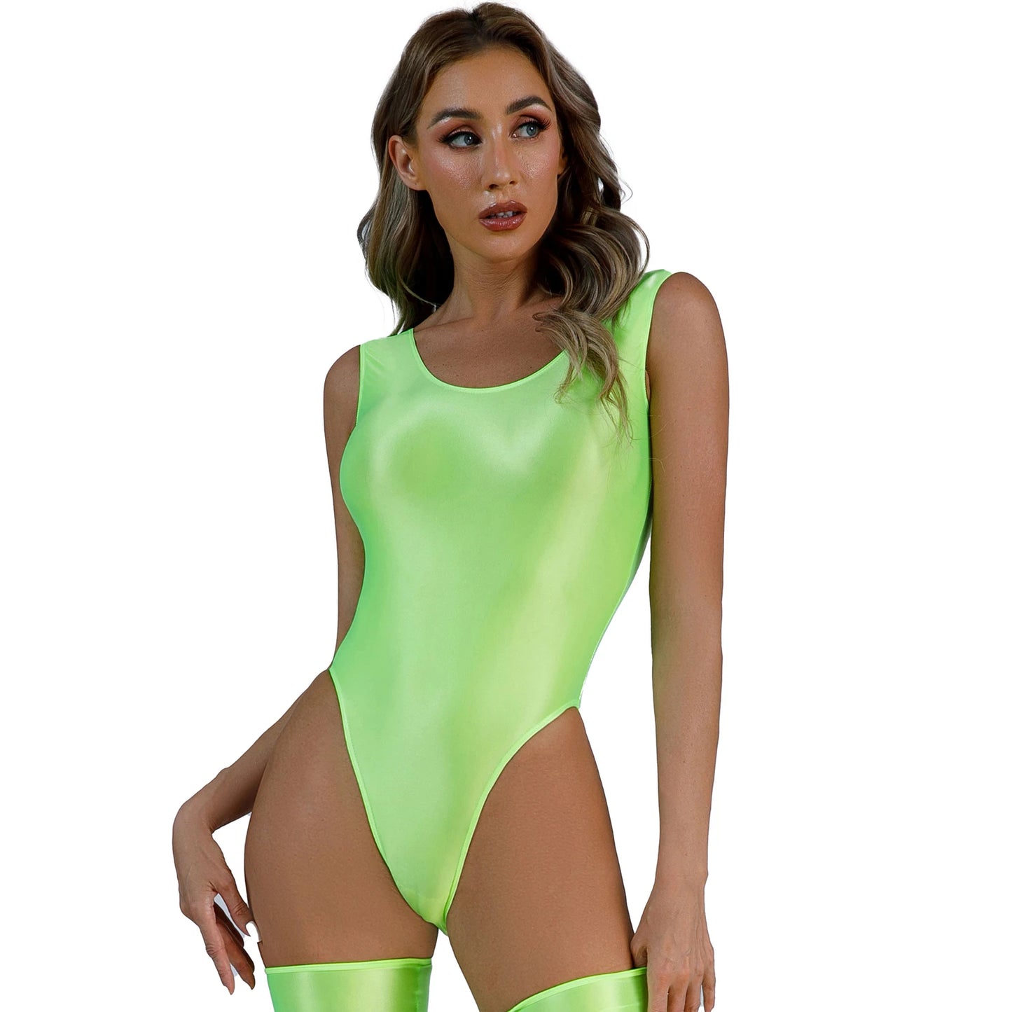 Women's Swimsuit One Piece Swimwear Oil Glossy Stretchy Gym Fitness Long Sleeve Round Neck Tights Leotard Bodysuit Clubwear
